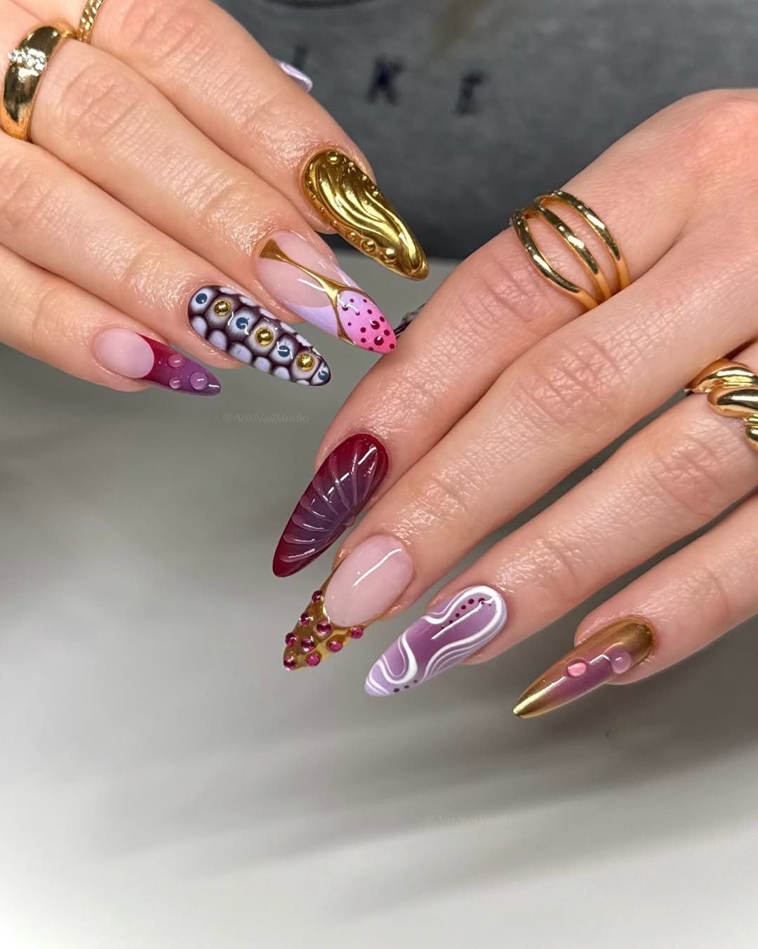 Whimsical Jewel Toned Sculptural Stiletto Nails