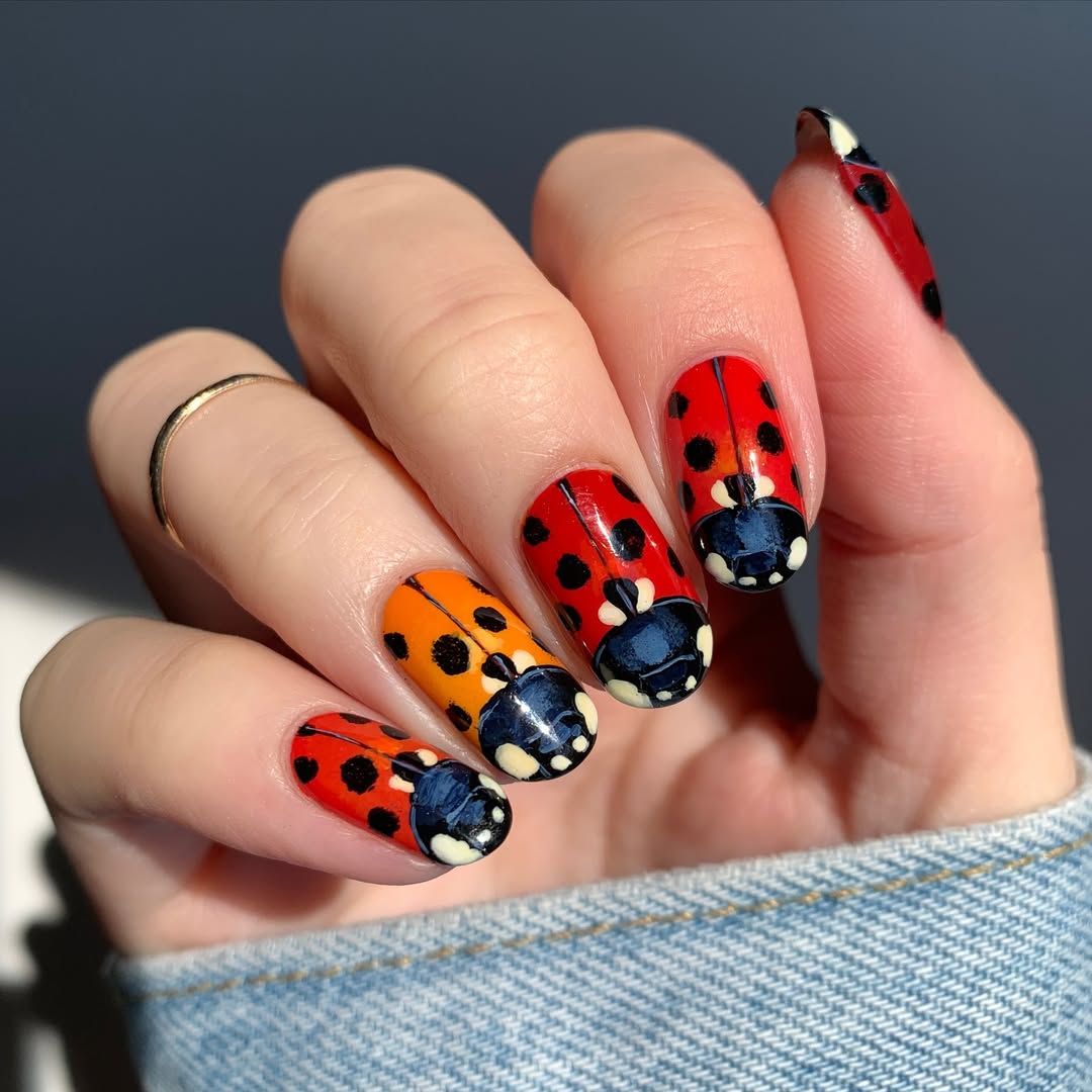 Whimsical Ladybug French Tip Short Round Nails