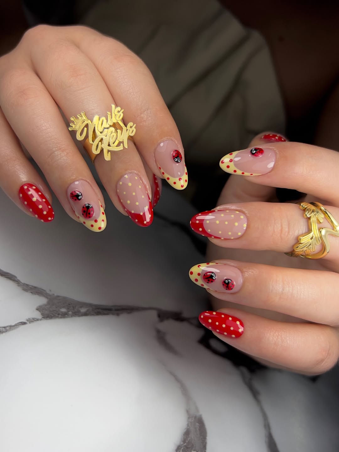 Whimsical Ladybug French Tips with Polka Dots