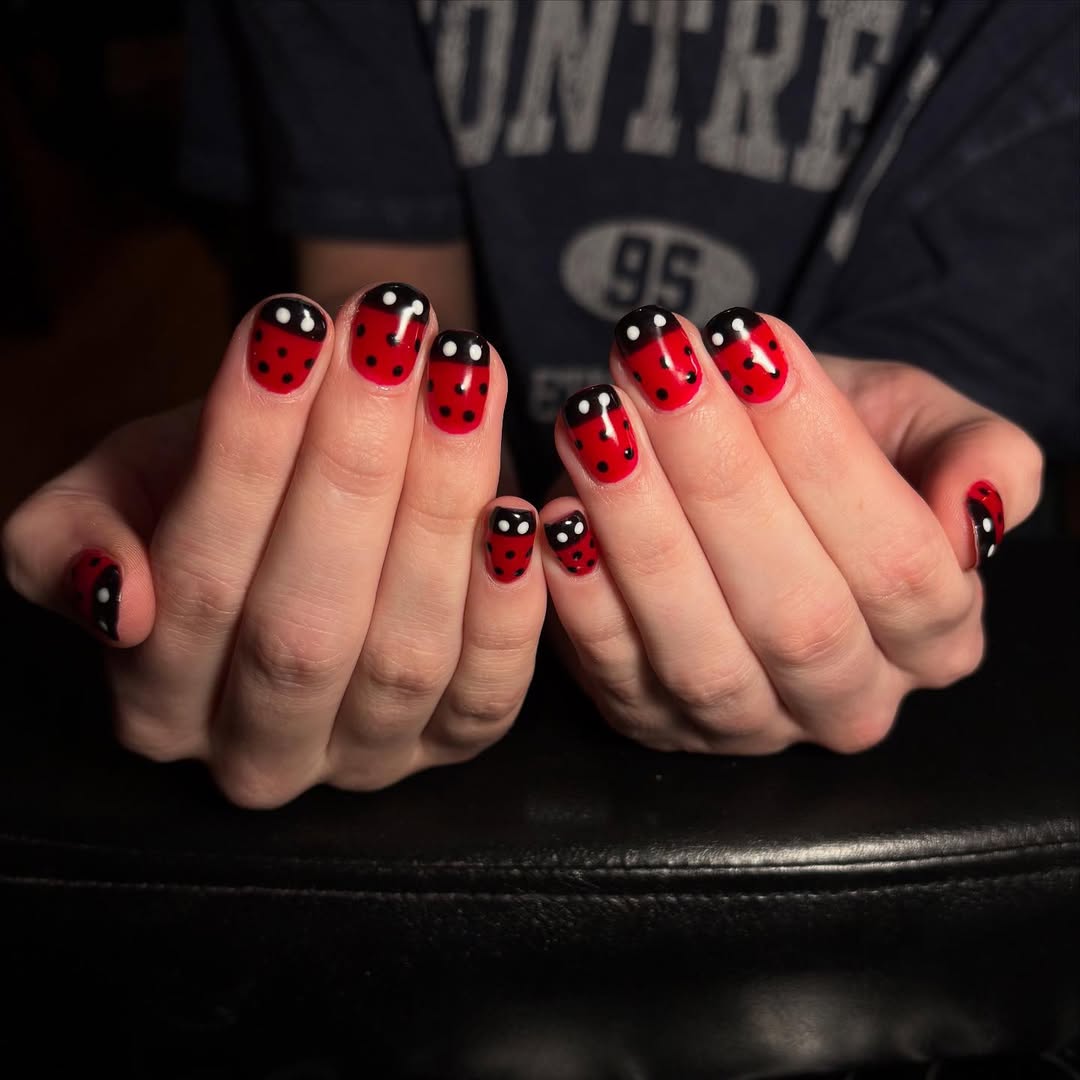 Whimsical Ladybug Red and Black Glossy Round Nails