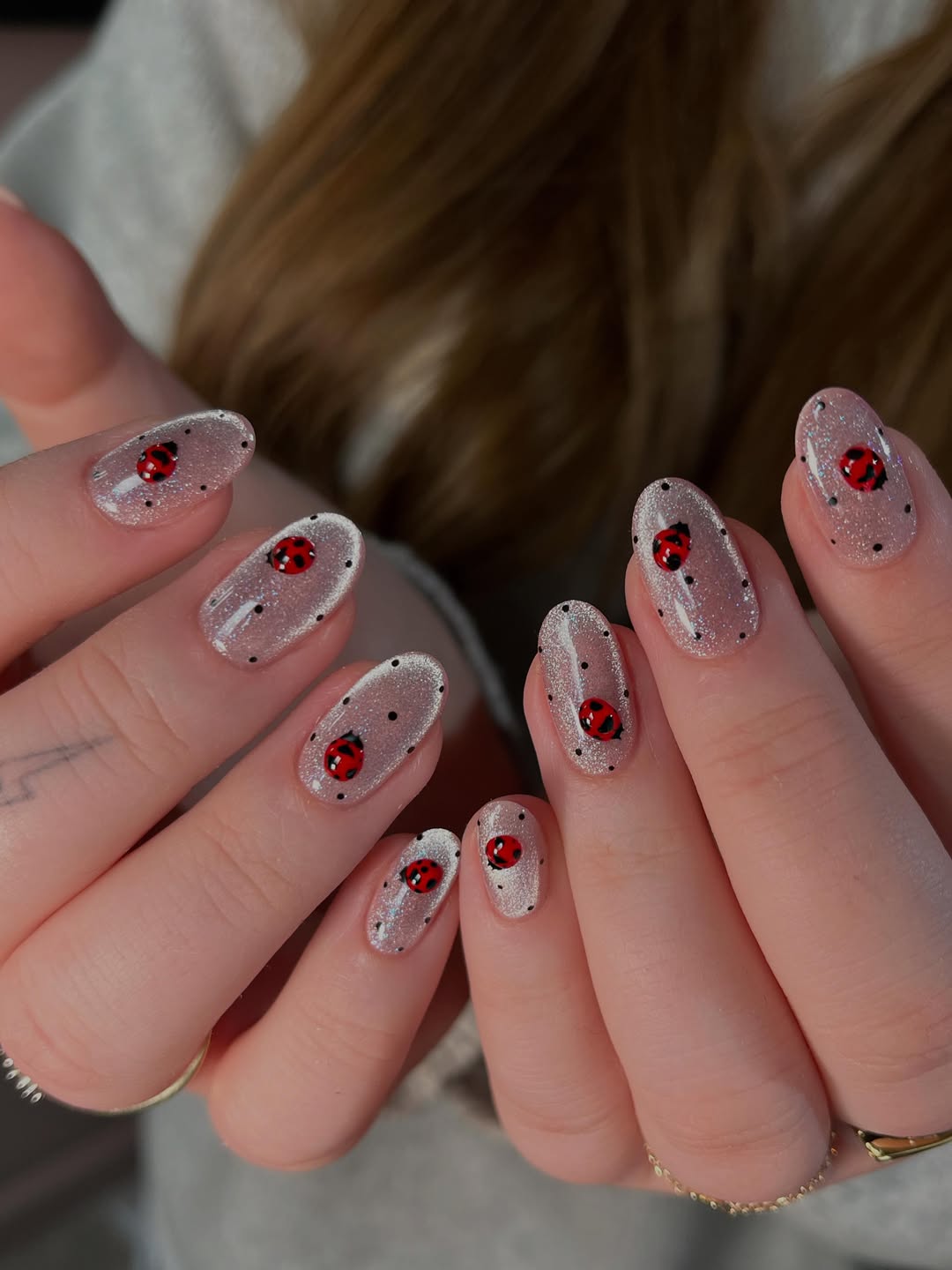 Whimsical Ladybug Sparkle Jelly Oval Nails
