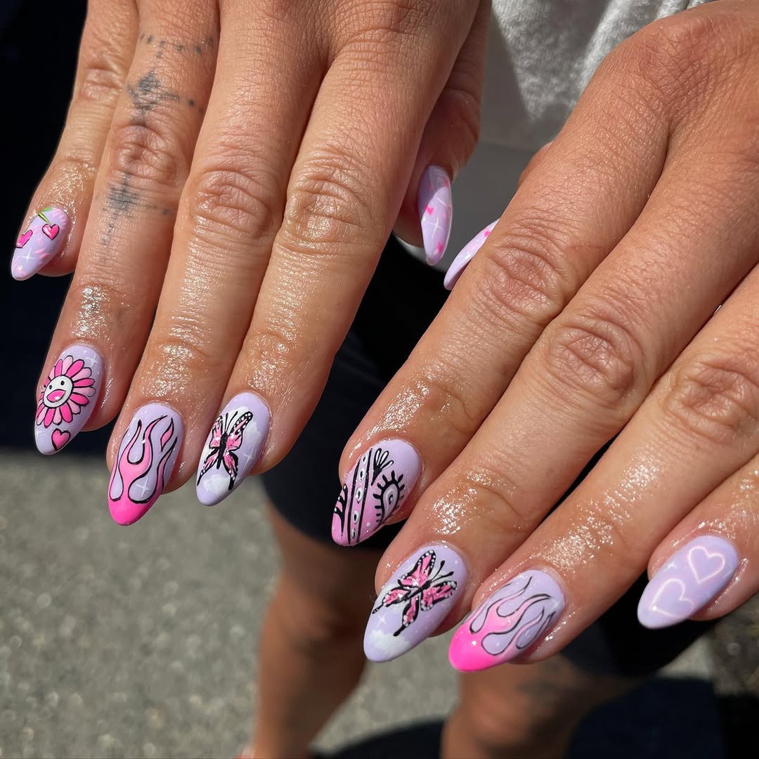 Whimsical Lavender Almond Nails With Hot Pink Accents