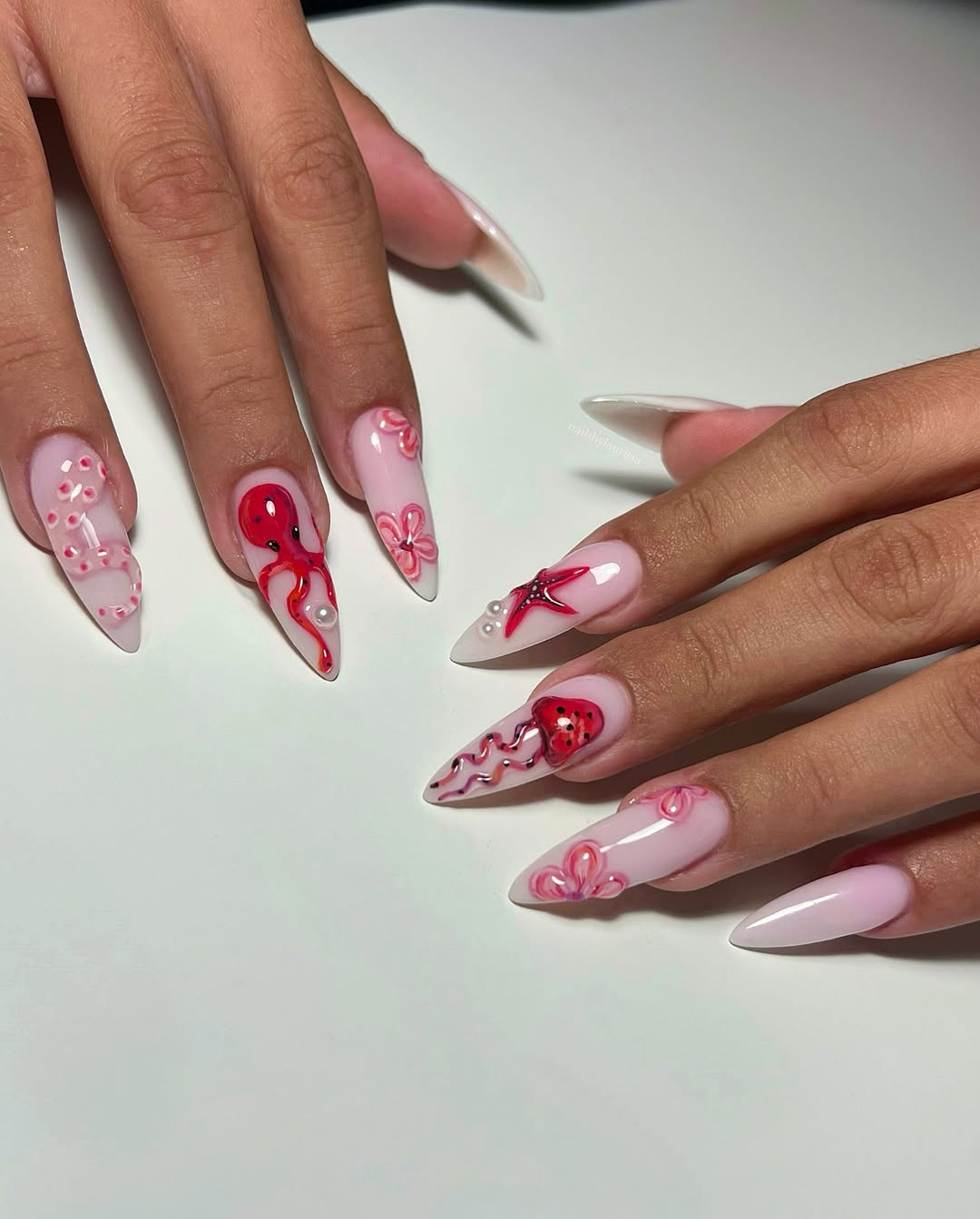 Whimsical Mermaid Pink Under-The-Sea Stiletto Nails