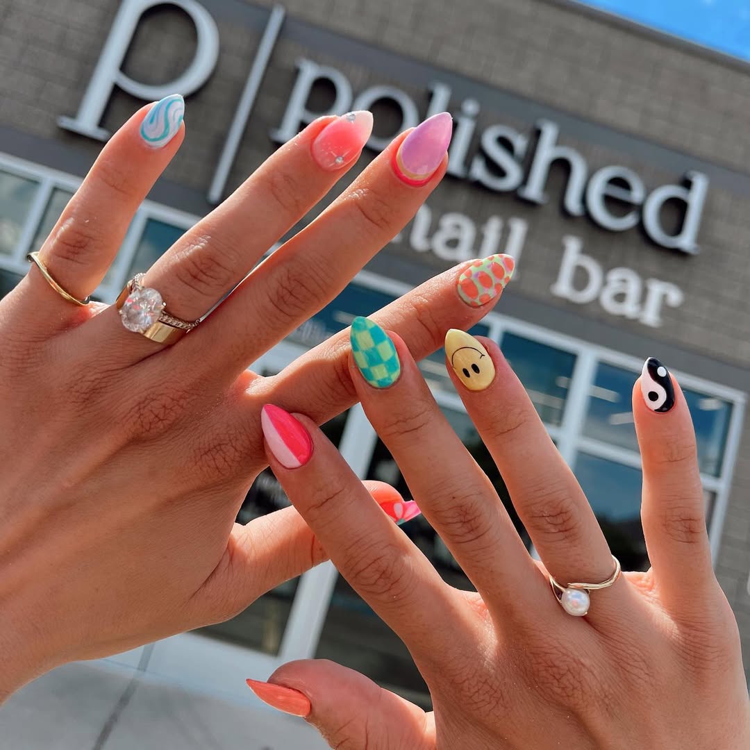 Whimsical Mismatched Bright Summer Almond Nails