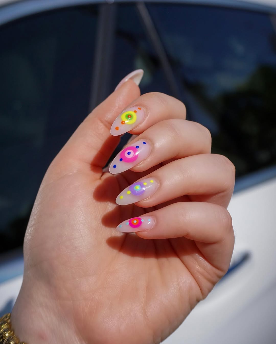 Whimsical Neon Dot Art Almond Nails