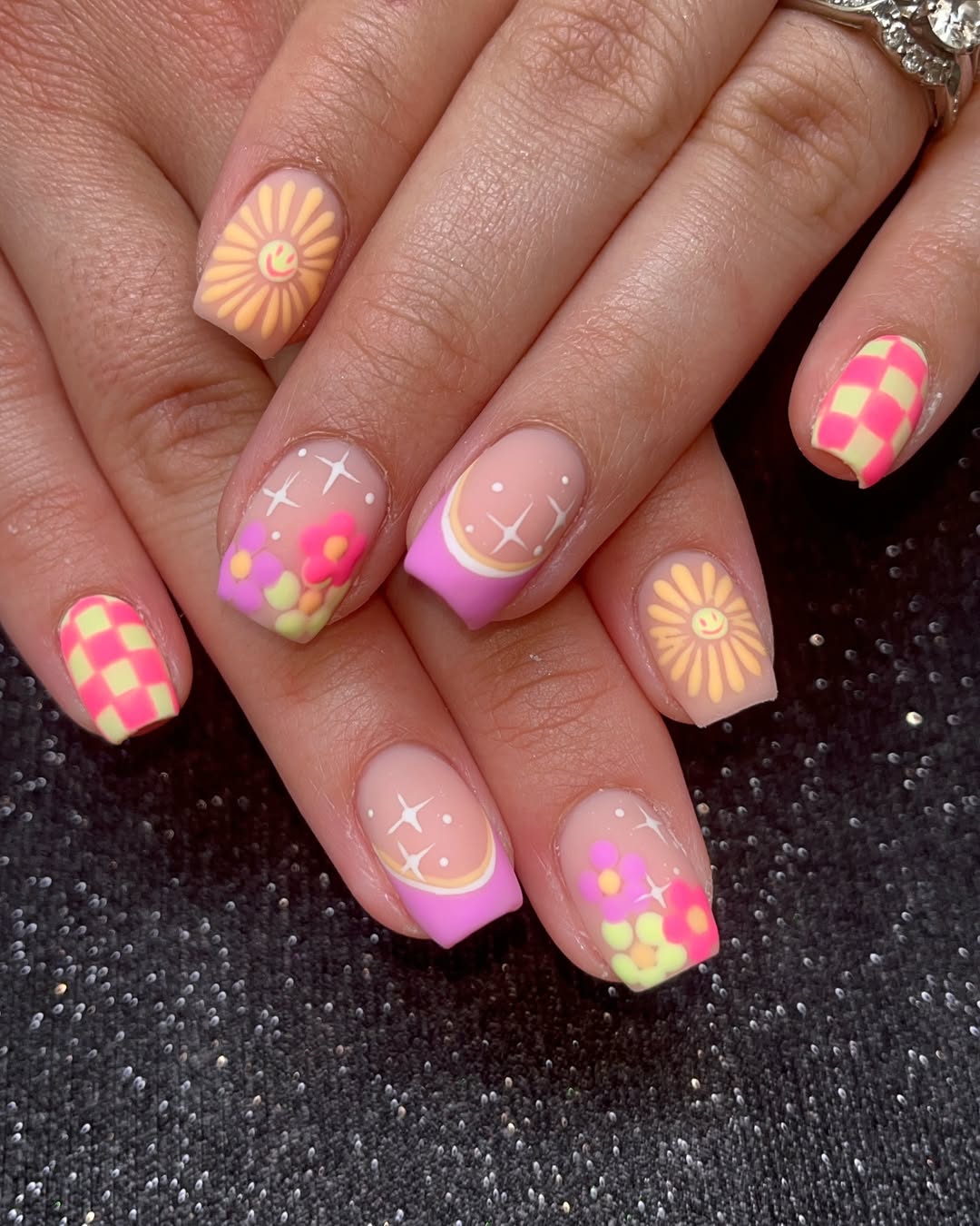 Whimsical Neon Matte Squared Nails with Floral and Sun Art