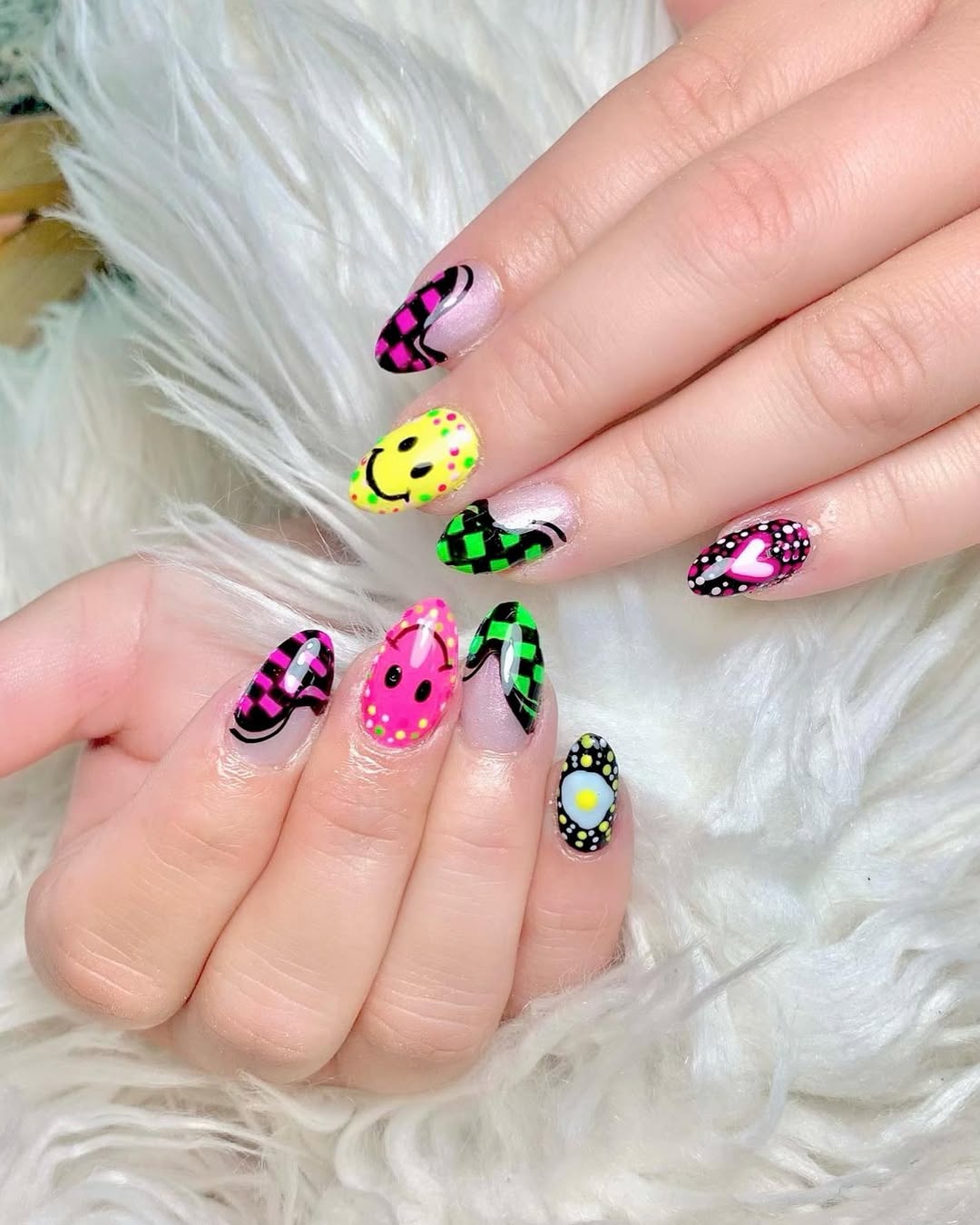 Whimsical Neon Smile Face Checkered Nail Art