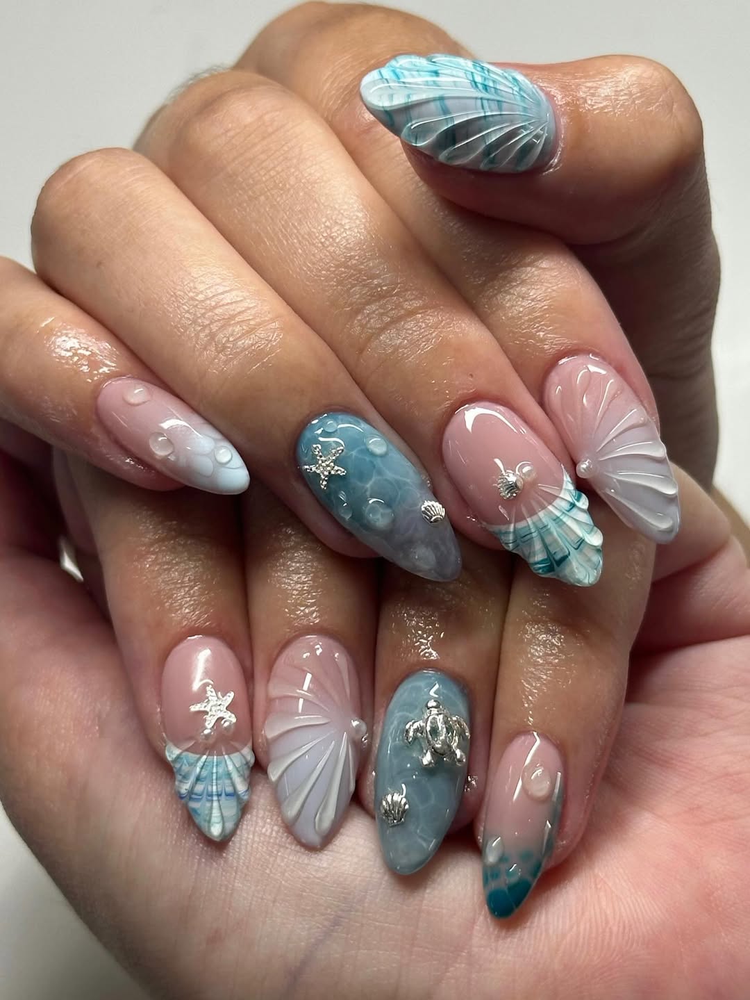 Whimsical Ocean 3D Shell Almond Nails