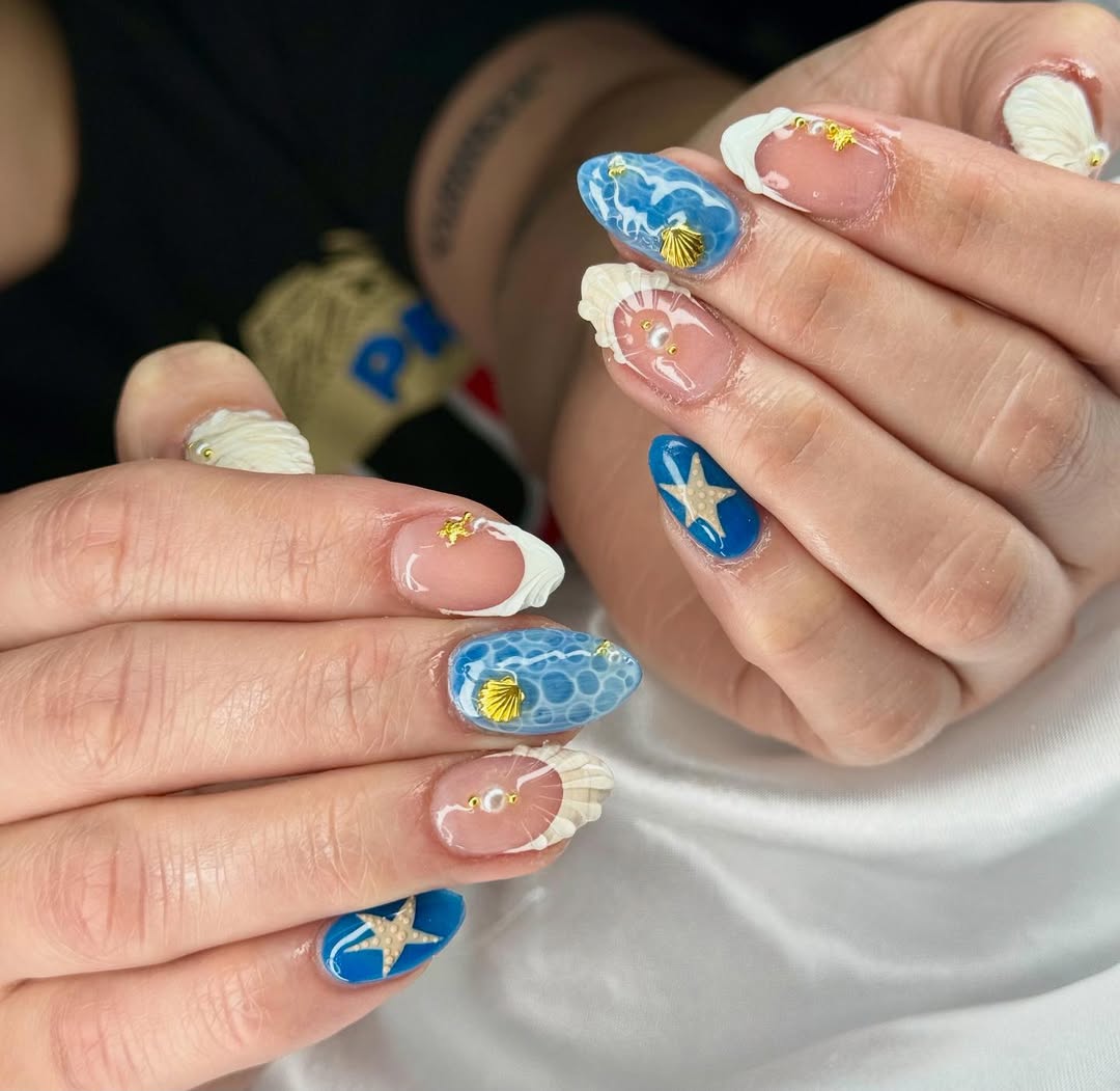 Whimsical Ocean 3D Shells Starfish Almond Nails