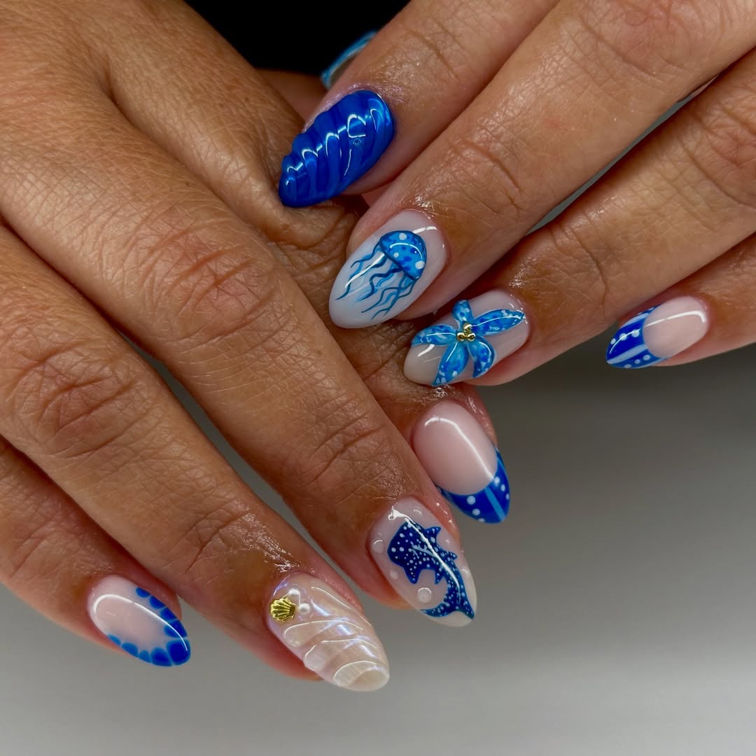 Whimsical Ocean Blues Nude Almond Nail Art