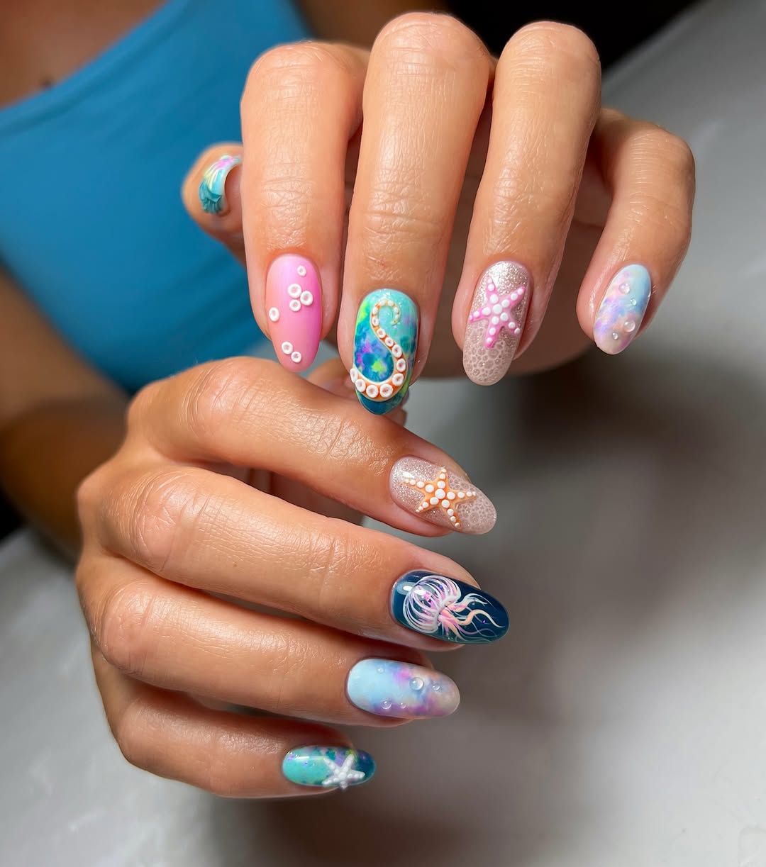 Whimsical Ocean Life Mismatched Almond Nails with 3D Art