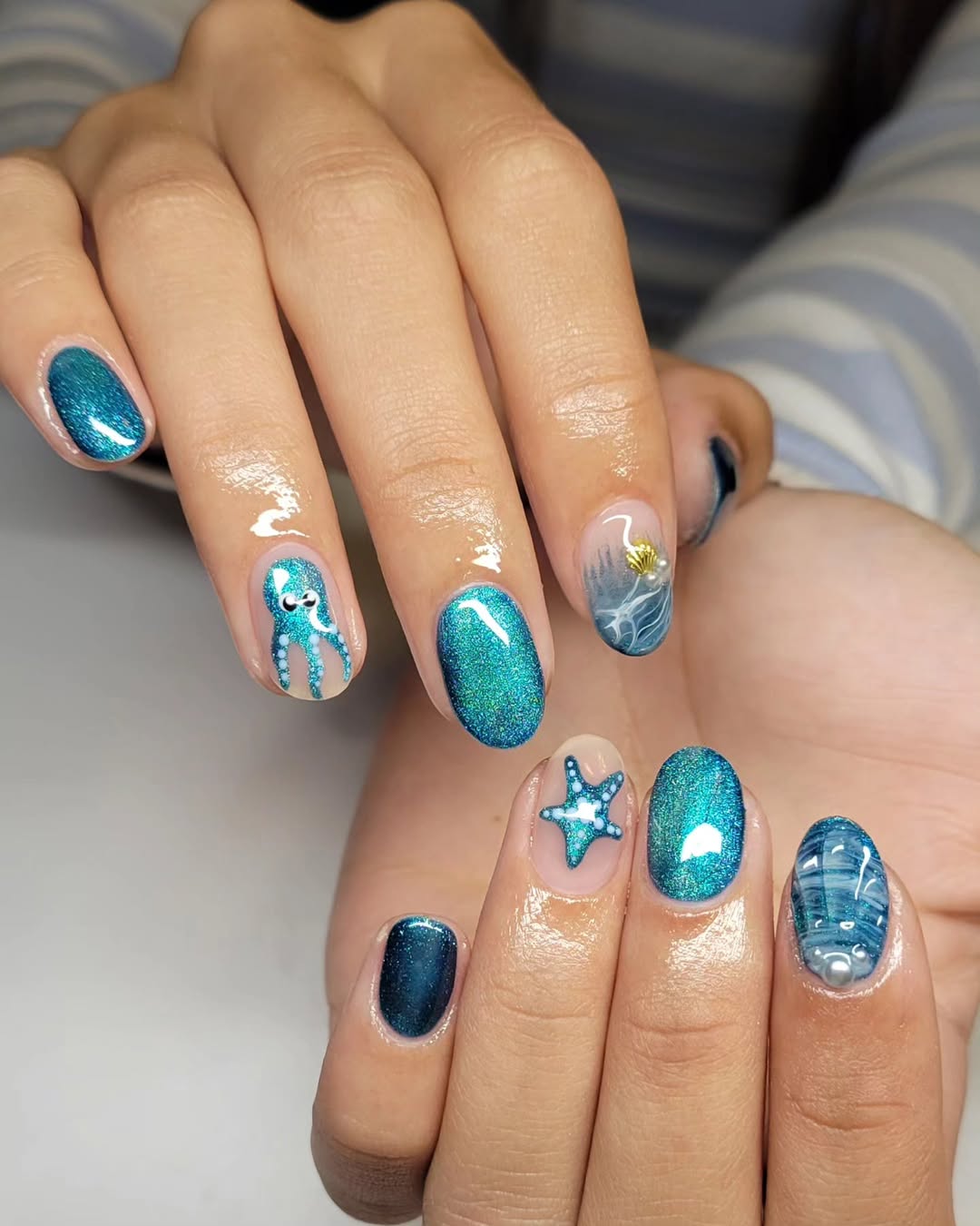 Whimsical Ocean Teal Glitter Art Short Oval