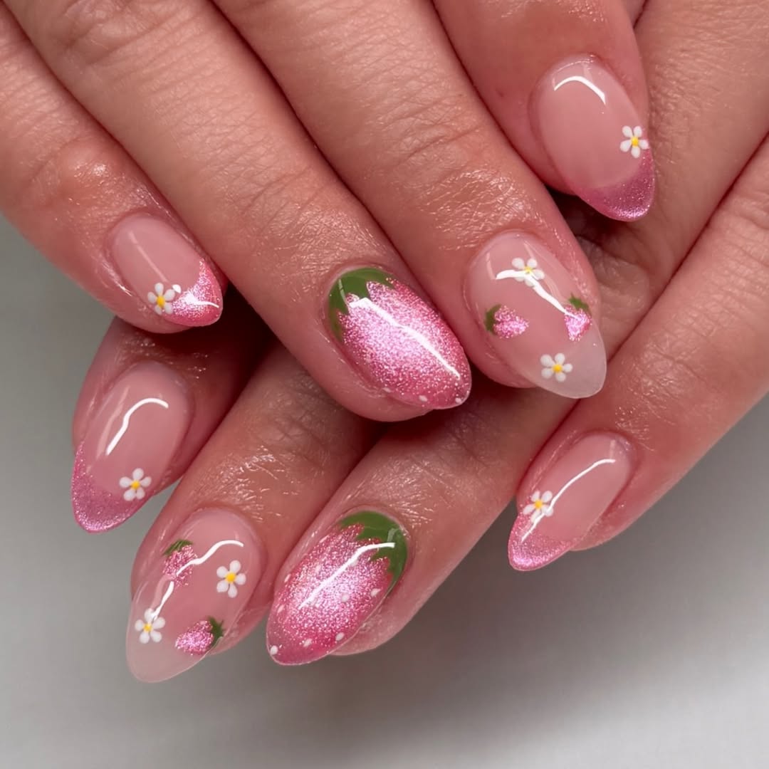 Whimsical Ombre Strawberry Daisy Pink Glitter Nails