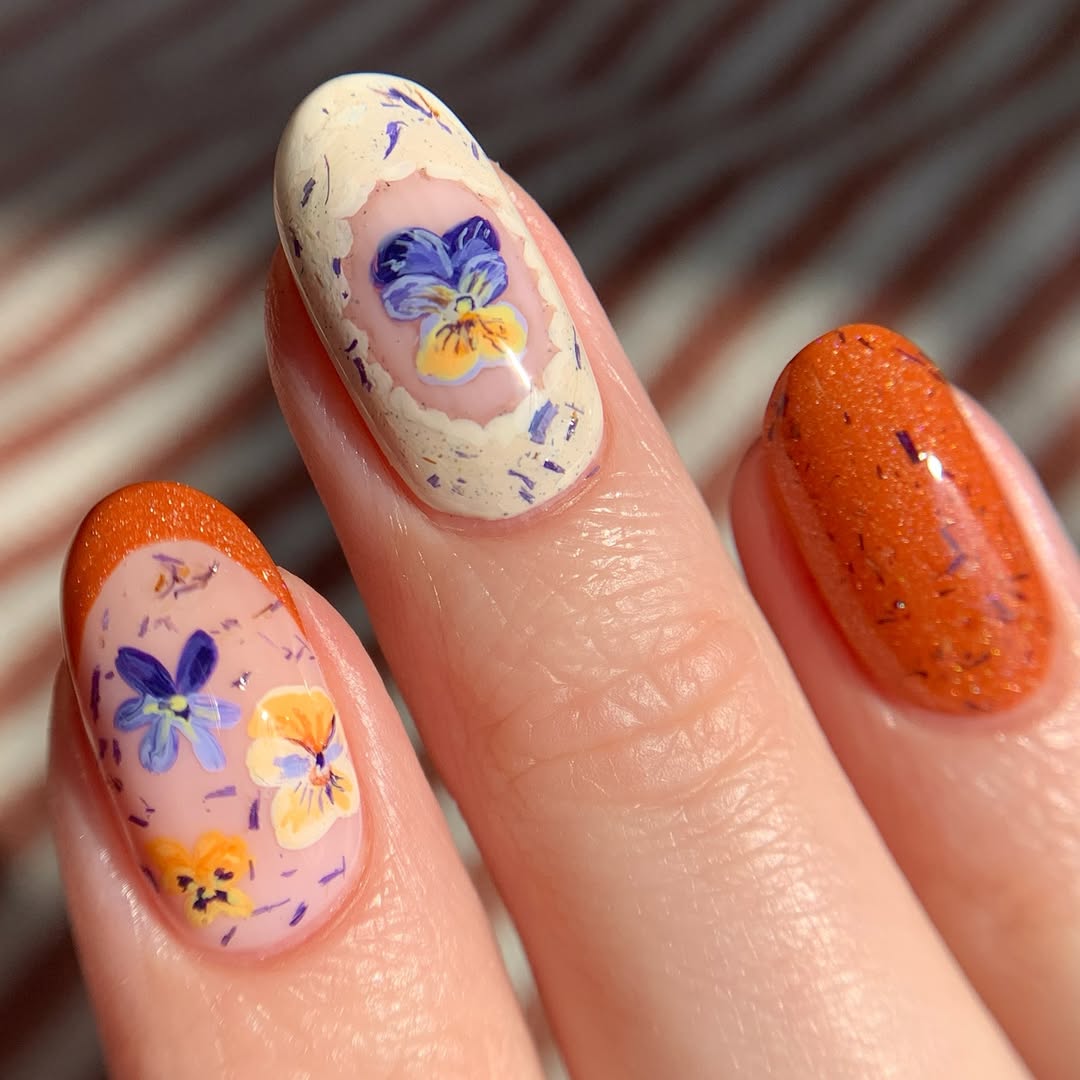 Whimsical Pansy Floral Orange Tip Embedded Nail Art