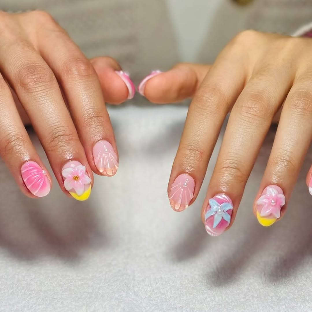 Whimsical Pastel 3D Flower Shell Nails with Pearls