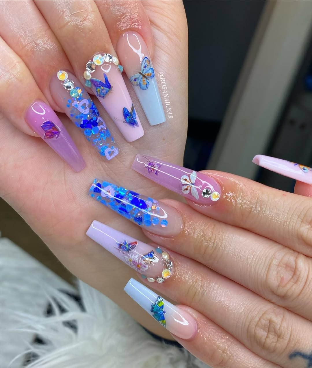 Whimsical Pastel Butterfly Glitter Coffin Nails