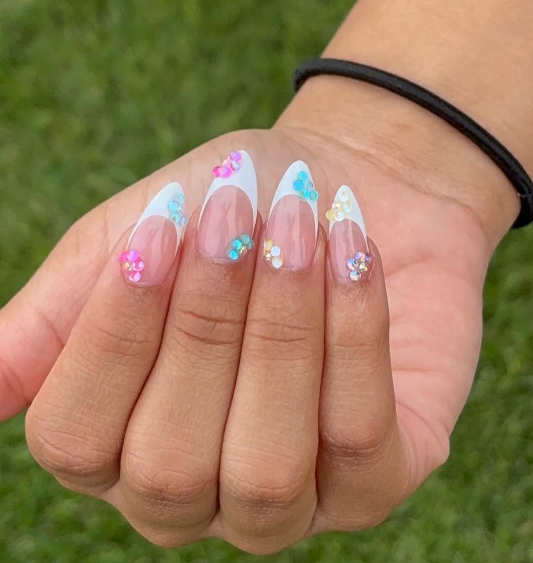 Whimsical Pastel French Tips with Blossom Rhinestones