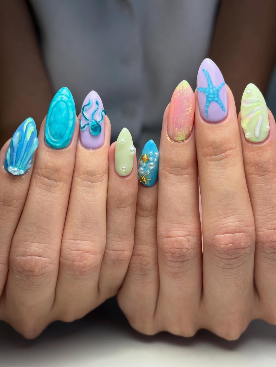 Whimsical Pastel Ocean 3D Almond Nails