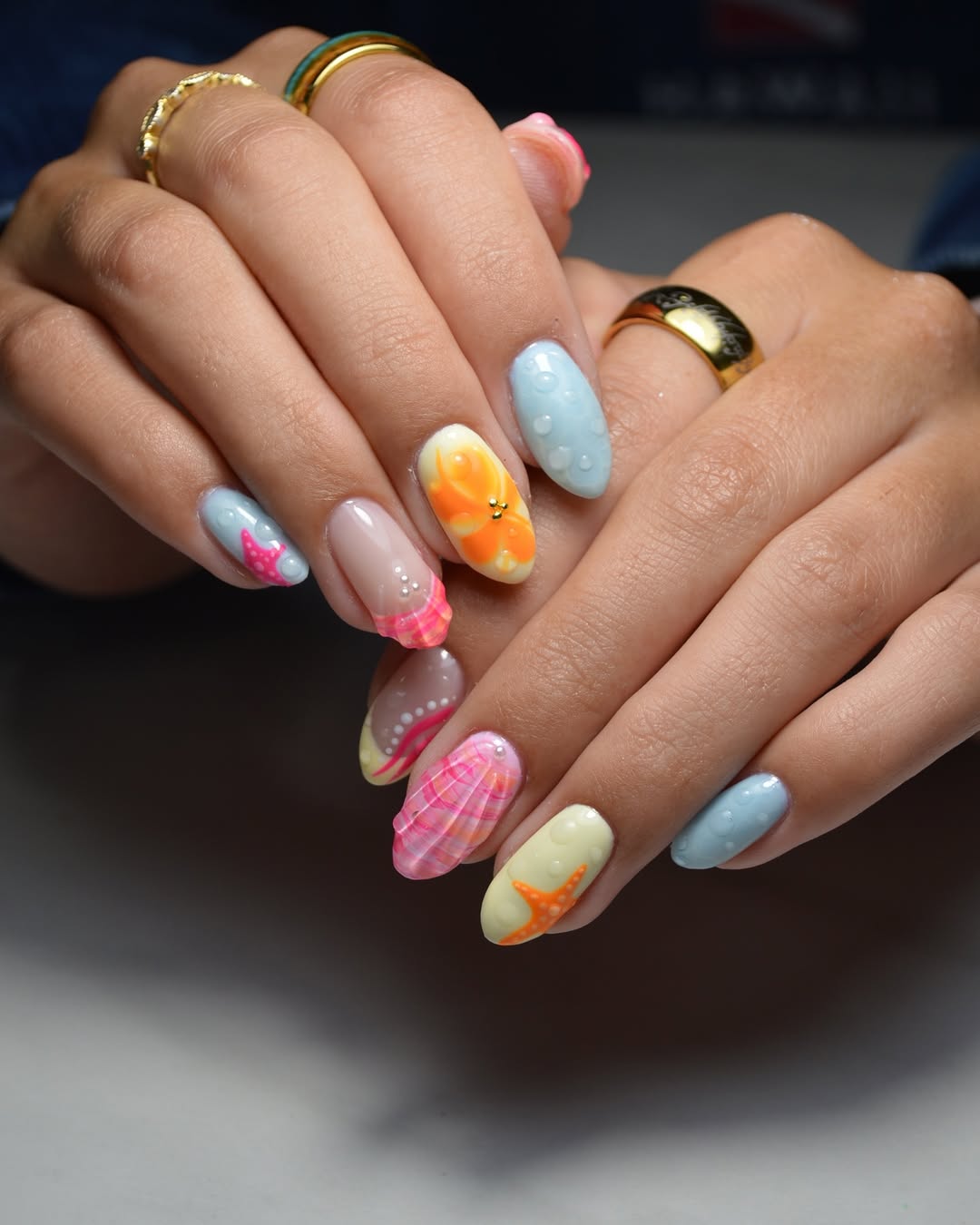 Whimsical Pastel Ocean Art Almond Nails