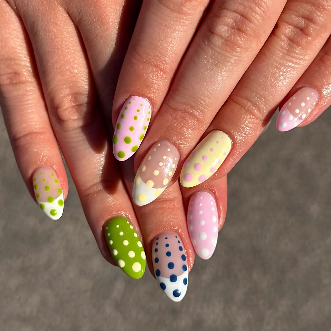 Whimsical Pastel Polka Dot Almond Nails