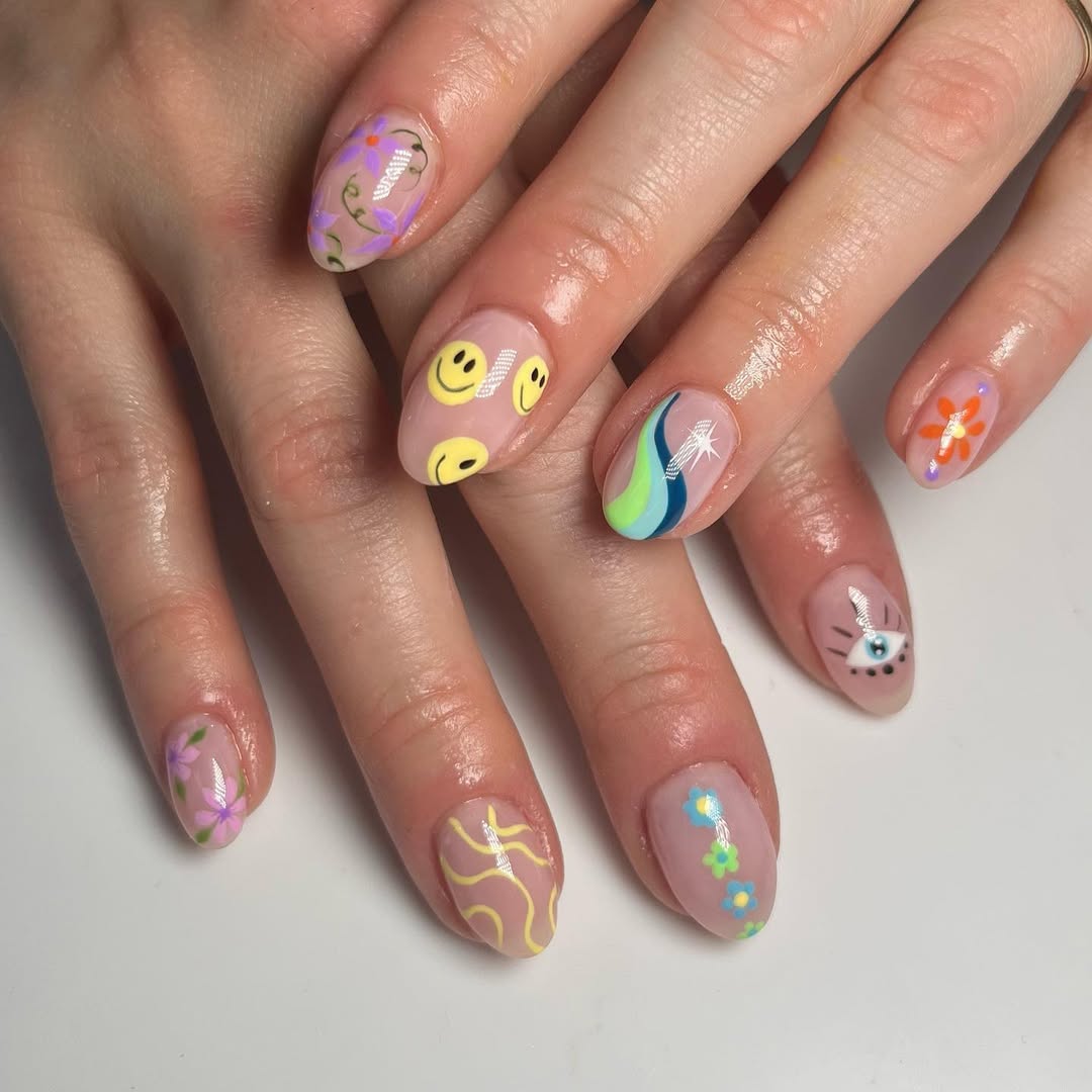 Whimsical Pastel Smiley and Floral Nude Glossy Nails