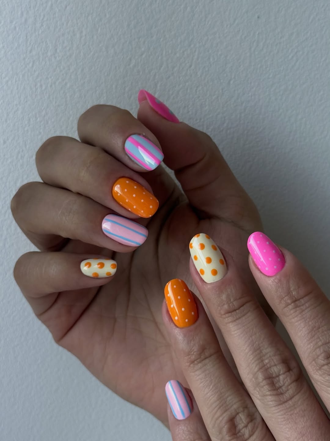 Whimsical Pastel Stripes and Polka Dot Short Round Nails