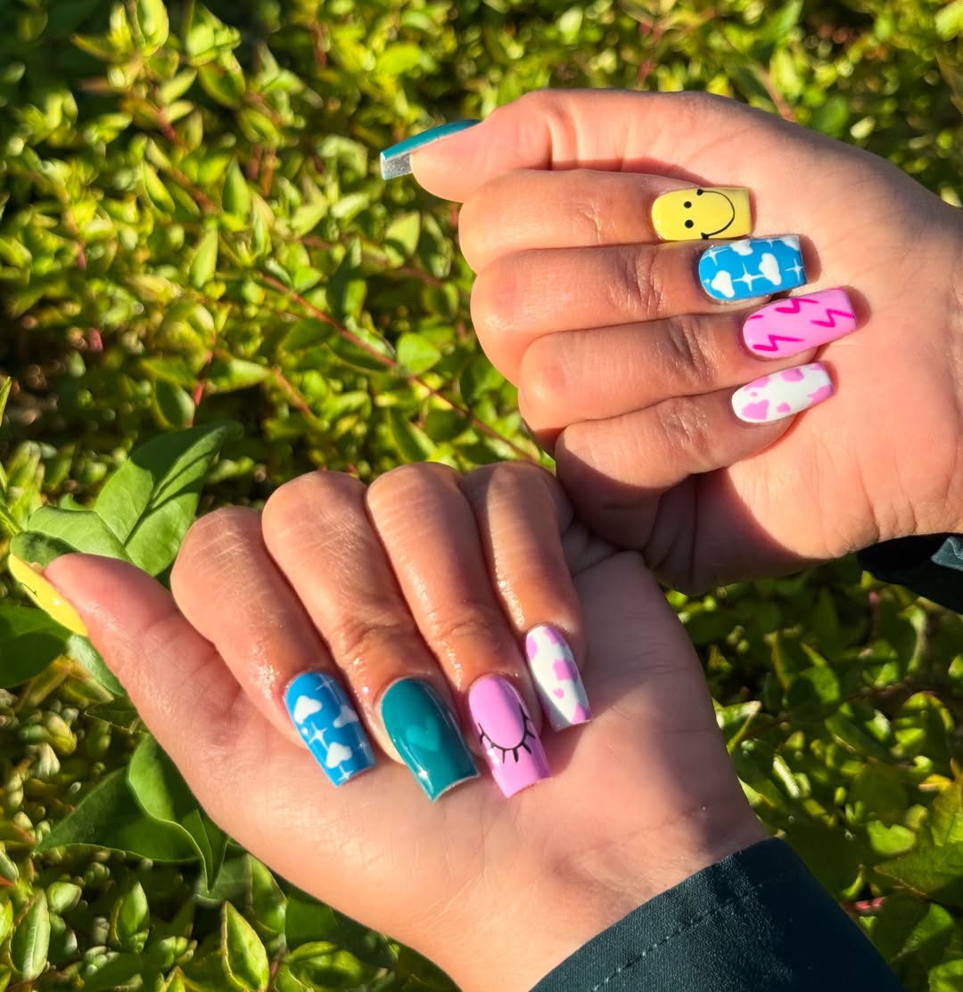 Whimsical Patterned Rainbow Glossy Medium Coffin Nails