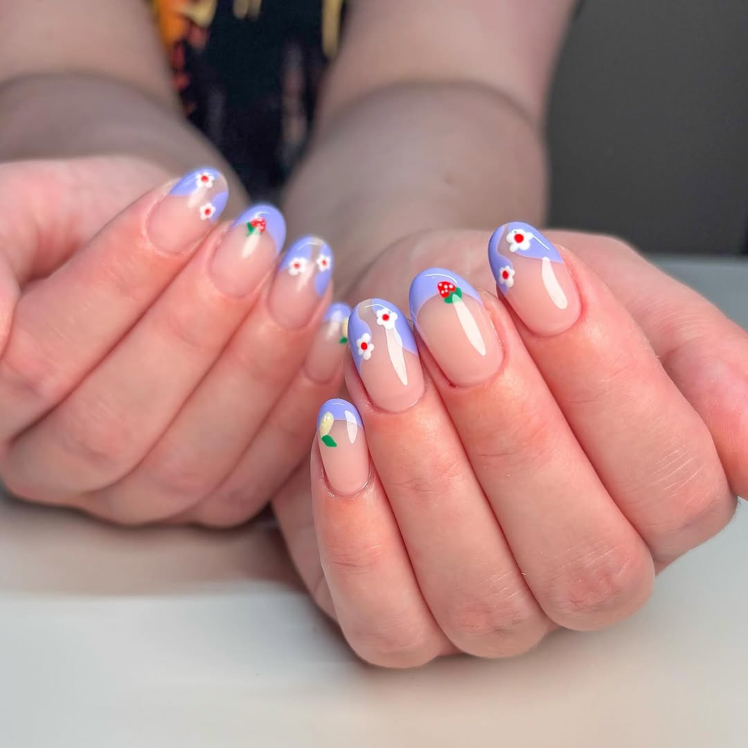Whimsical Periwinkle French Tip Floral Nails