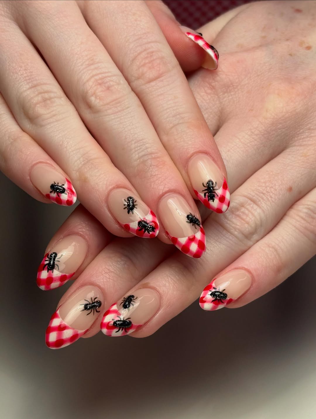 Whimsical Picnic Ant Gingham French Tips