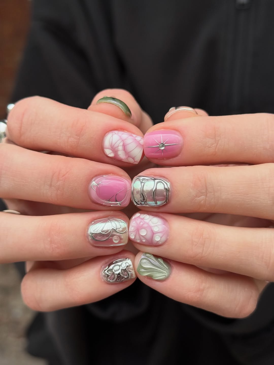 Whimsical Pink and Silver 3D Sculpted Summer Nails