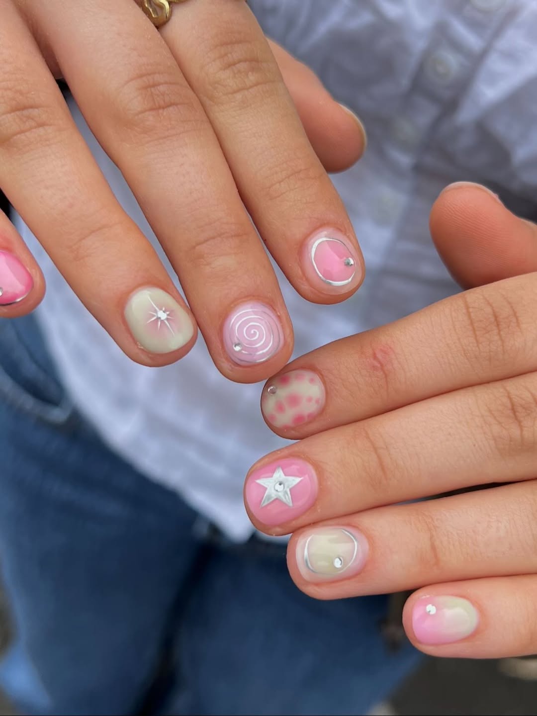 Whimsical Pink and Yellow Pastel Short Round Nails