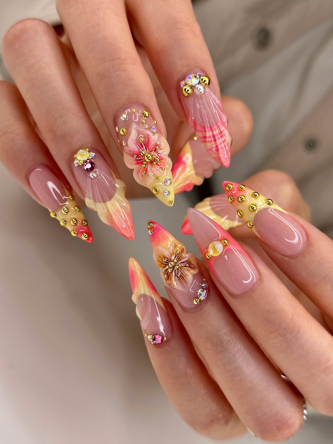 Whimsical Pink Yellow Ombre 3D Floral Stiletto Nails