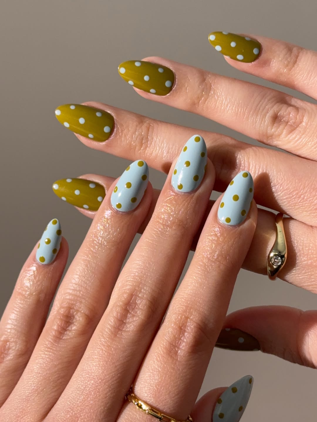 Whimsical Polka Dot Sage Green and Baby Blue Alternating Nails
