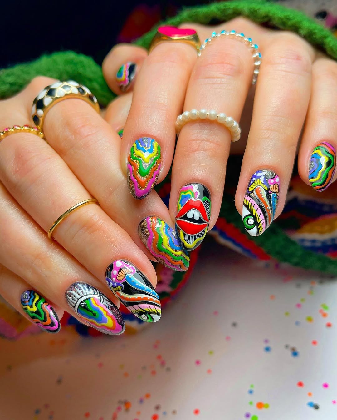 Whimsical Psychedelic Swirl Hand-Painted Manicure