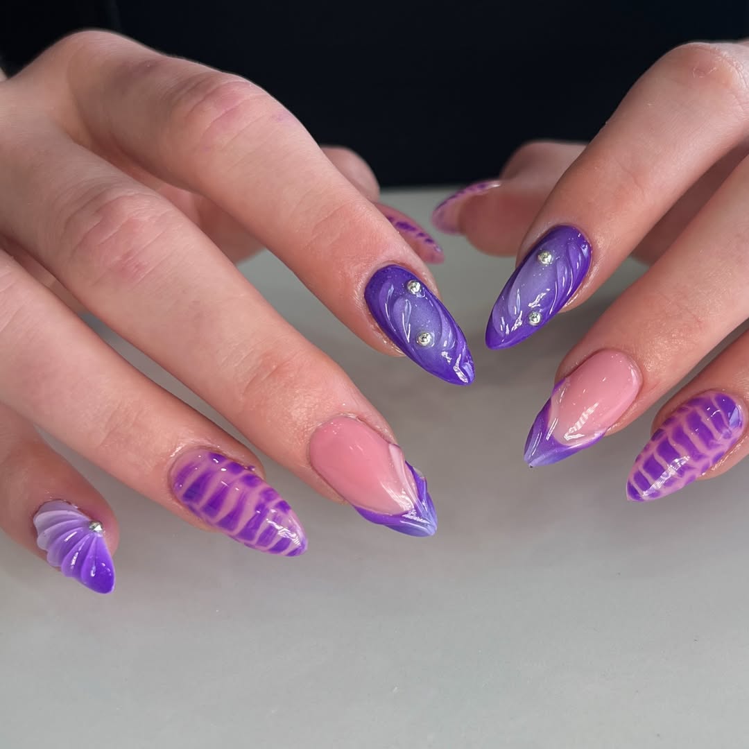 Whimsical Purple 3D Wavy Almond Nails With Pink Accents