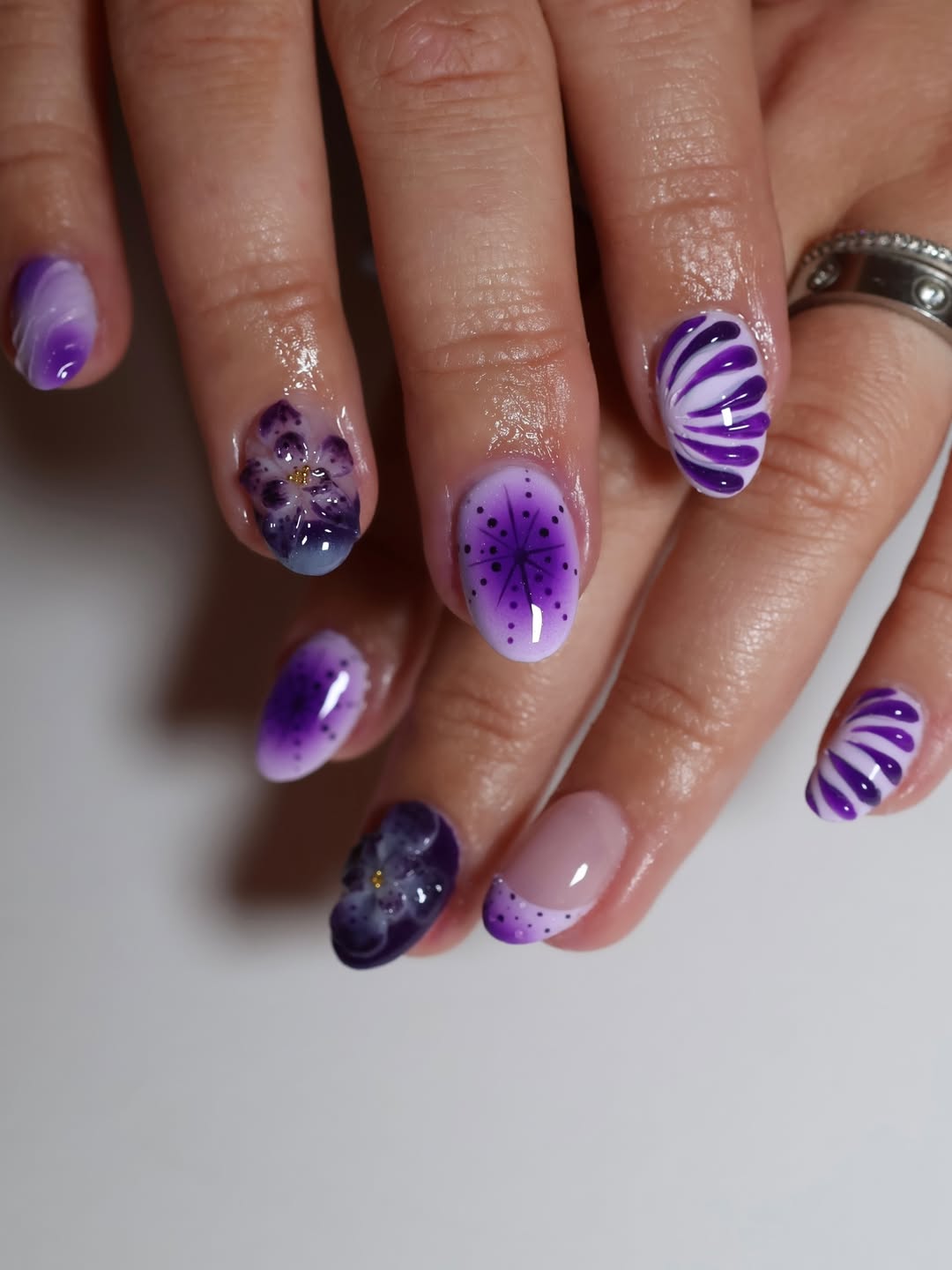 Whimsical Purple Blossom Swirls and Ombré Dots