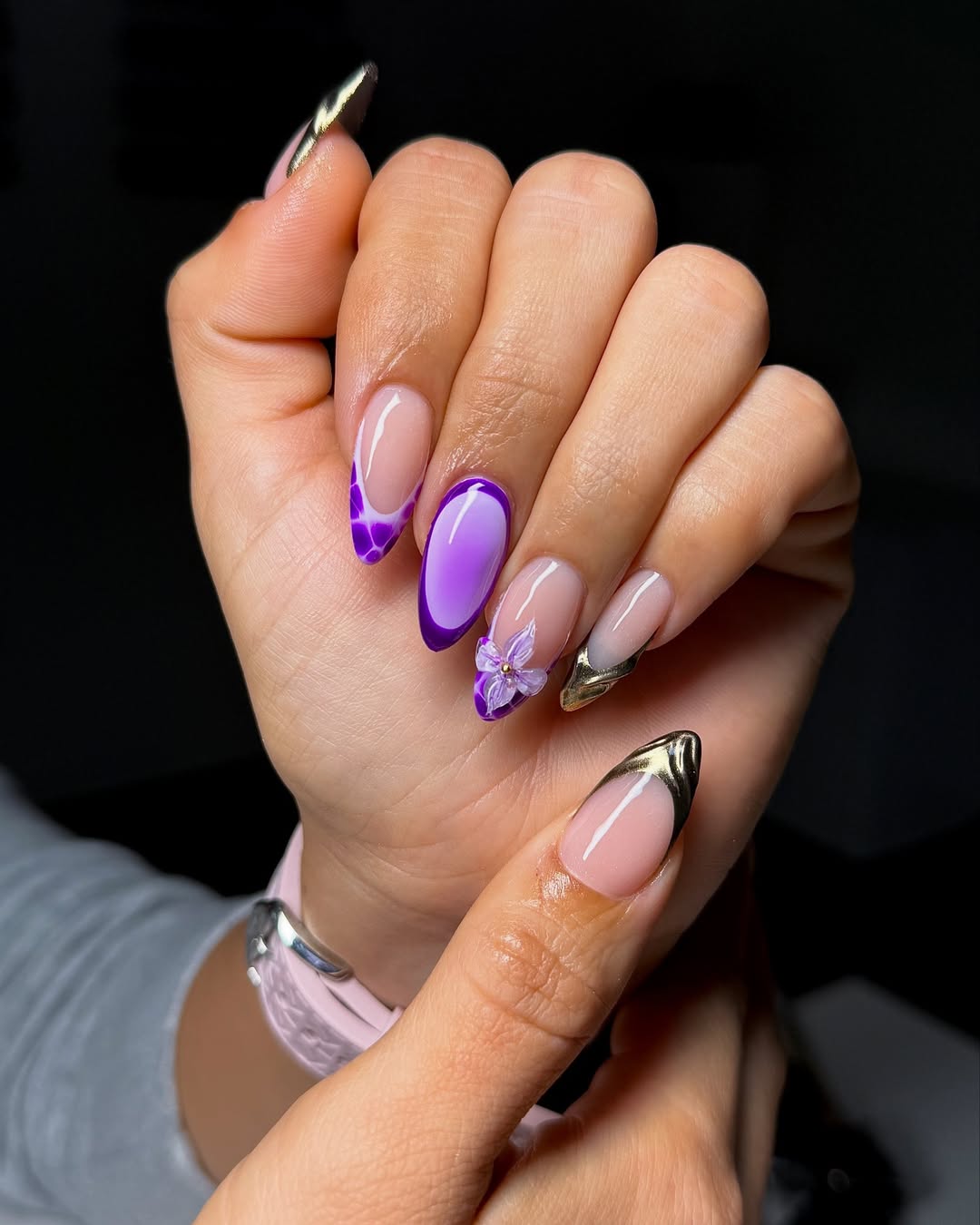 Whimsical Purple French Almond Nail Art with 3D Flower