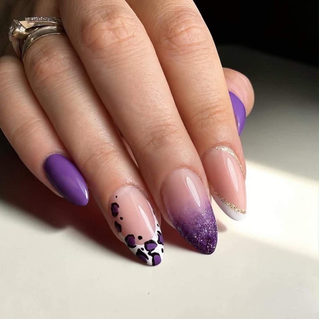 Whimsical Purple Leopard Glitter Ombre French Coffin Nails