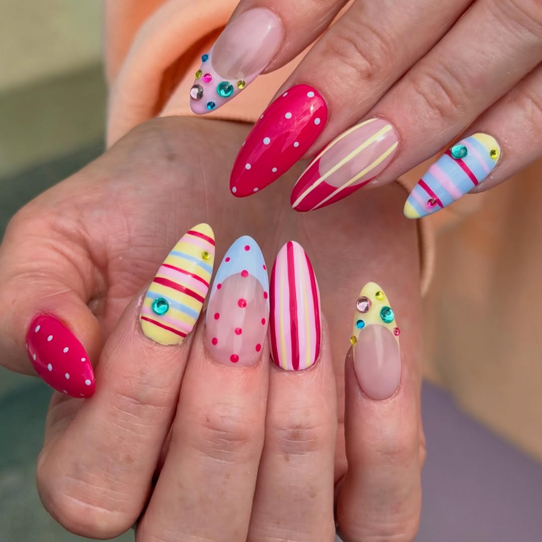 Whimsical Rainbow Stripes and Polka Dots Almond Nails