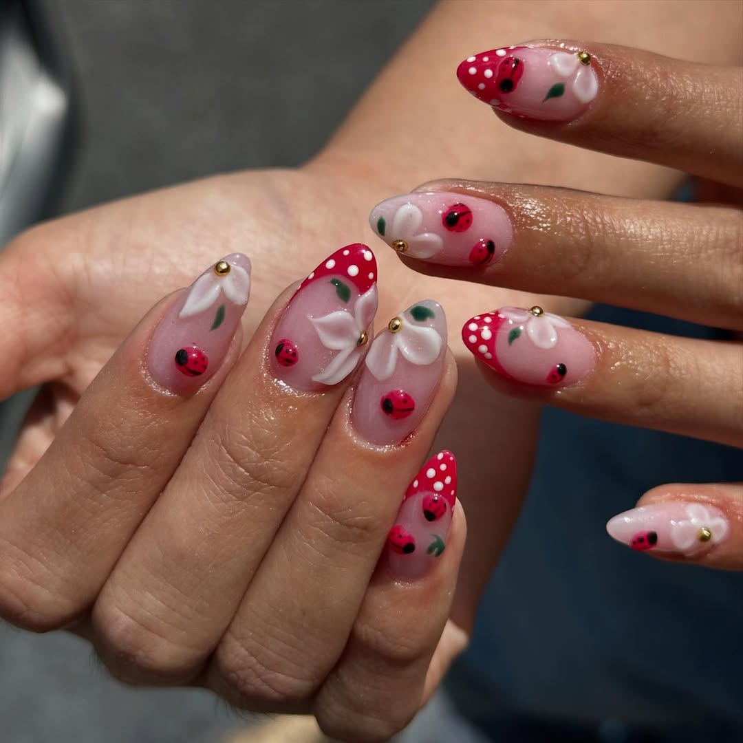 Whimsical Red Mushroom and Ladybug Almond Nails