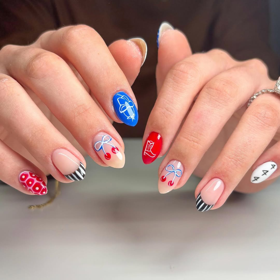 24 Red White Blue Nails You Need for 2026 8 Whimsical Red White Blue Cherry Bow French Tip Nails