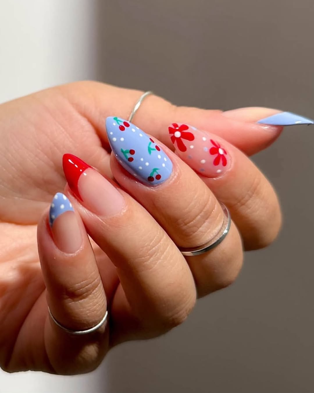 24 Red White Blue Nails You Need for 2026 13 Whimsical Red White Blue Cherry Flower Nail Art