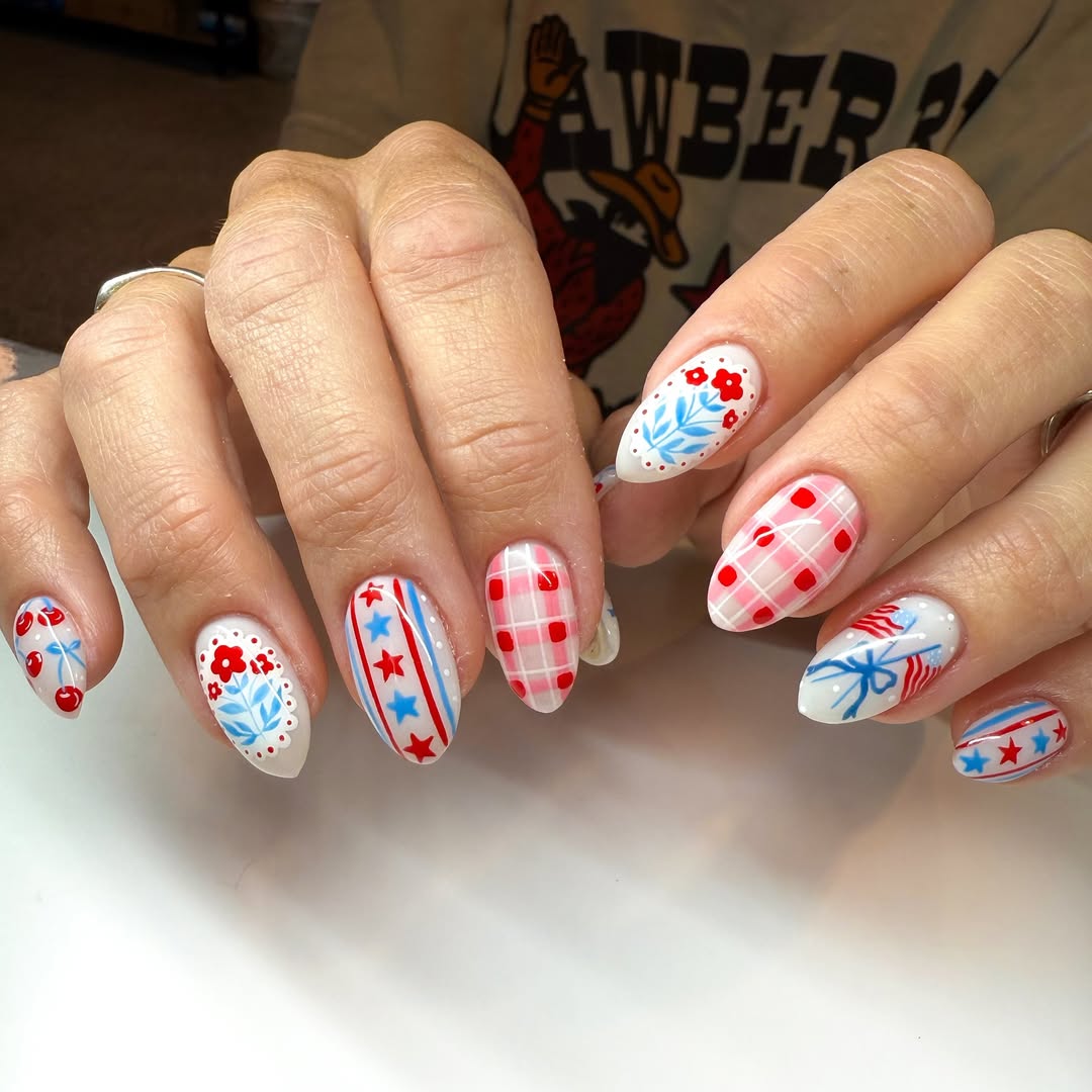Whimsical Red White Blue Fourth of July Almond Nails