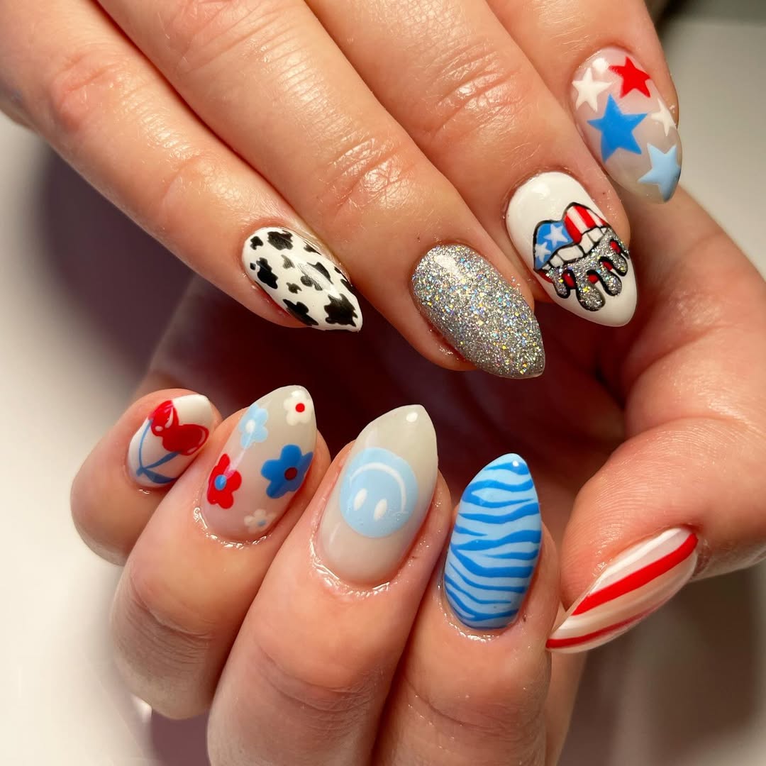 24 Red White Blue Nails You Need for 2026 19 Whimsical Red White Blue Mixed Media Almond Nails