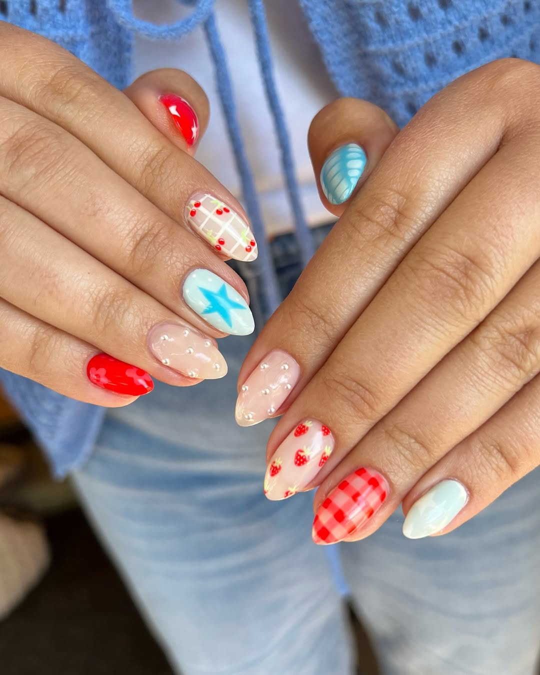 Whimsical Red White Blue Themed Almond Nails