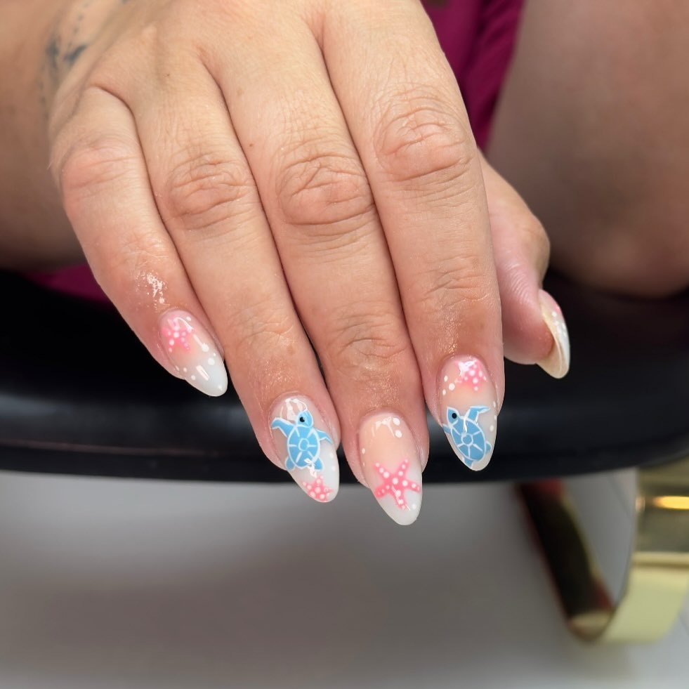 Whimsical Sea Turtle Starfish Almond Nails