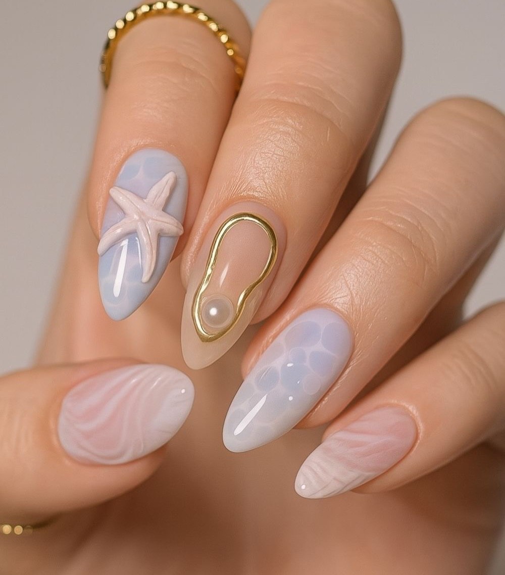 Whimsical Seaside Pastel Almond Nails