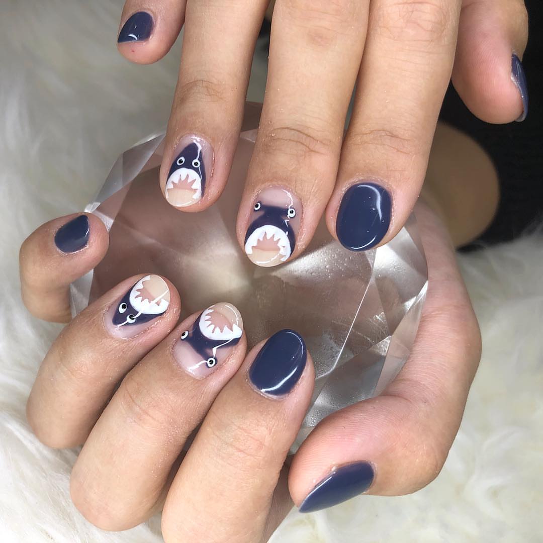 Whimsical Shark Art Navy Blue Short Oval Nails