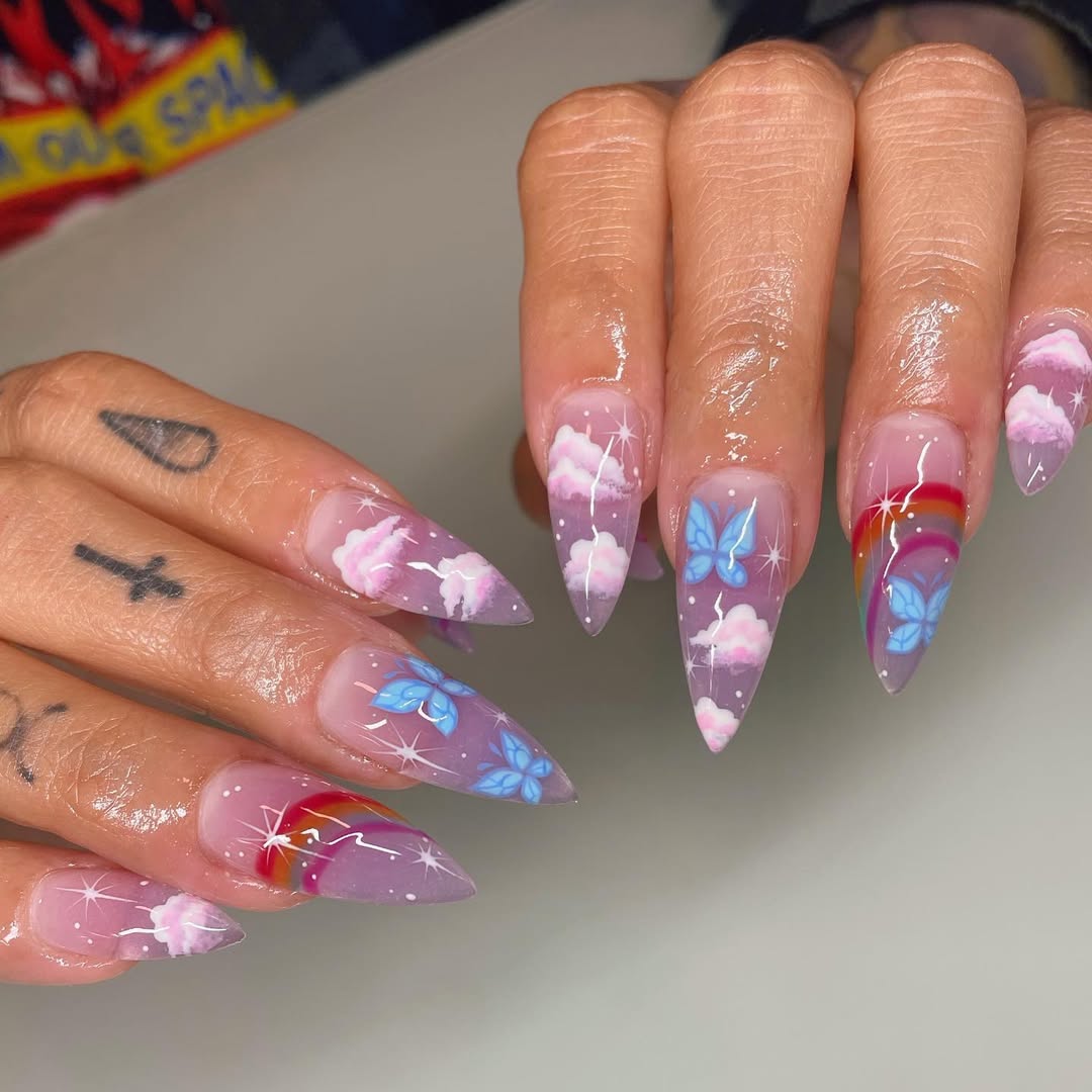 Whimsical Sky Butterfly Rainbow Stiletto Nails