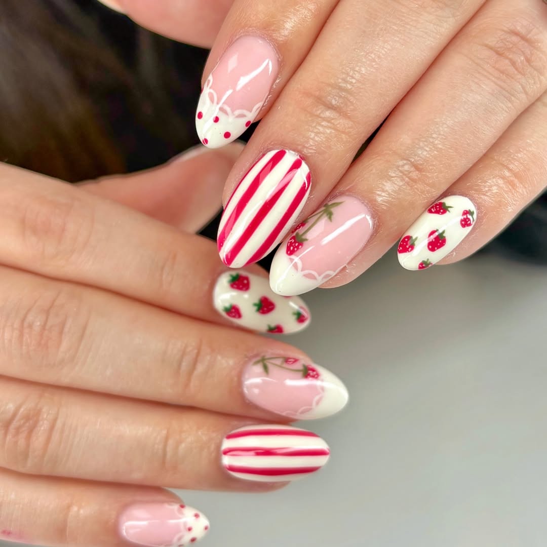 Whimsical Strawberry & Stripe Hand-Painted Almond Nails